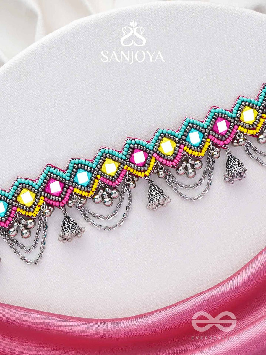 Uparjitaa - Rainbow Radiance - Beads And Mirror Embroidered And Oxidised Neckpiece