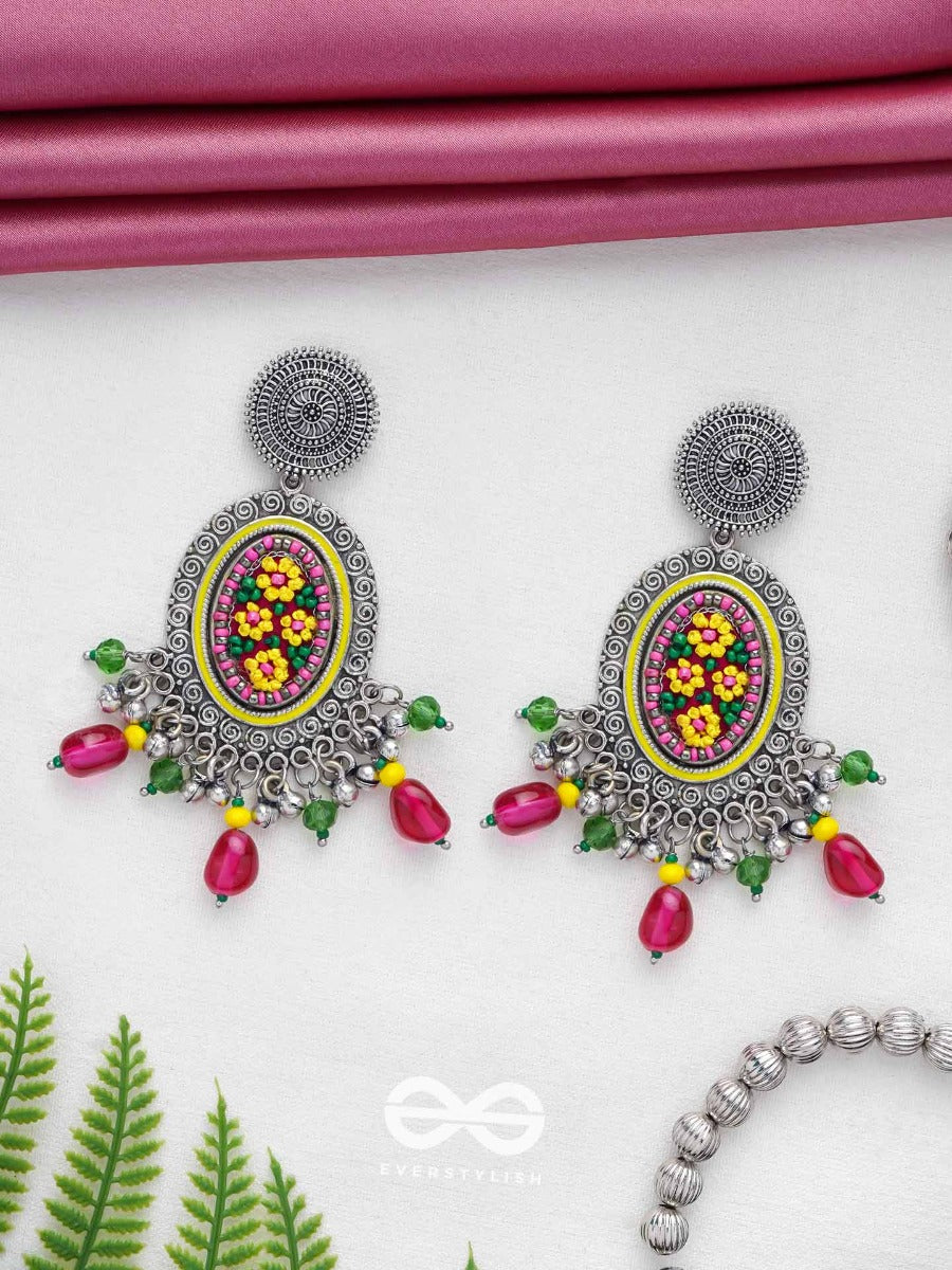 Mishraka - Garden Of Paradise - Resham And Beads Embroidered And Oxidised Earrings