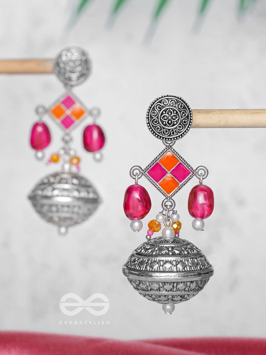The Pink Mirage - Embellished Oxidised Jodhpuri Jhumkas