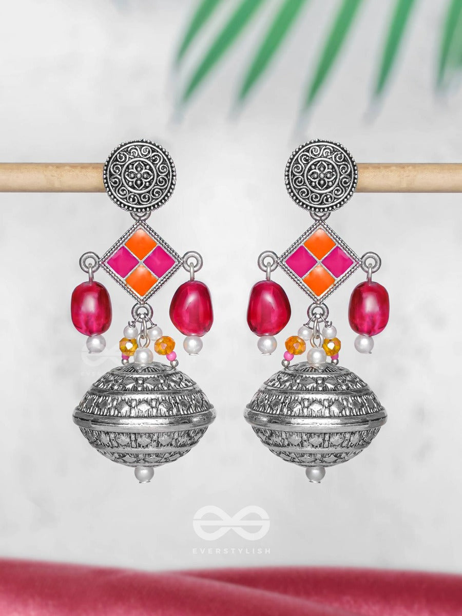 The Pink Mirage - Embellished Oxidised Jodhpuri Jhumkas