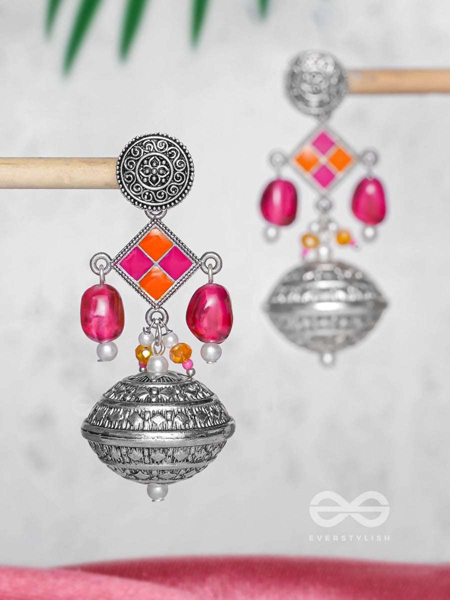 The Pink Mirage - Embellished Oxidised Jodhpuri Jhumkas