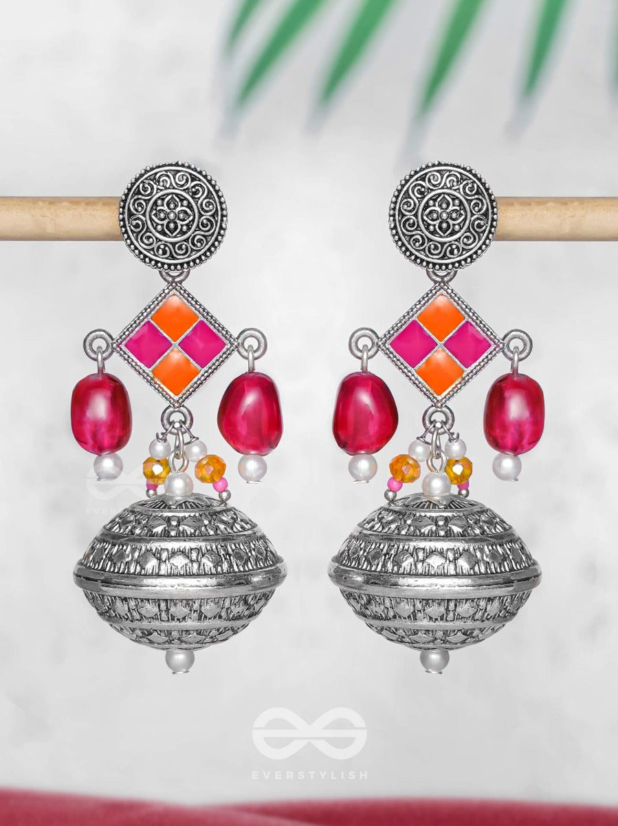 The Pink Mirage - Embellished Oxidised Jodhpuri Jhumkas