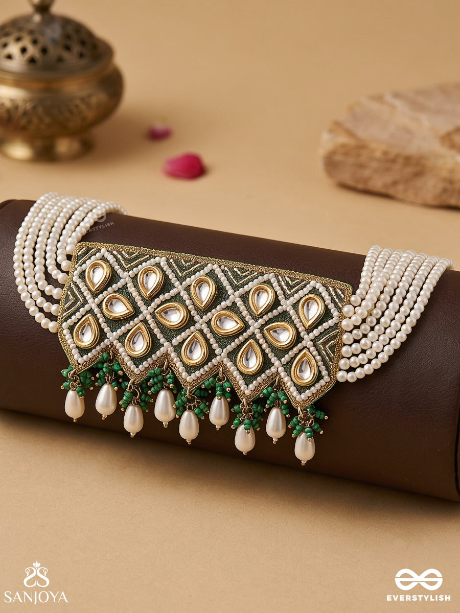 Ardrata- The Emerald Finesse- Beads, Pearl Drops, Polki And Kundan Finished Hand Embroidered Choker Neckpiece