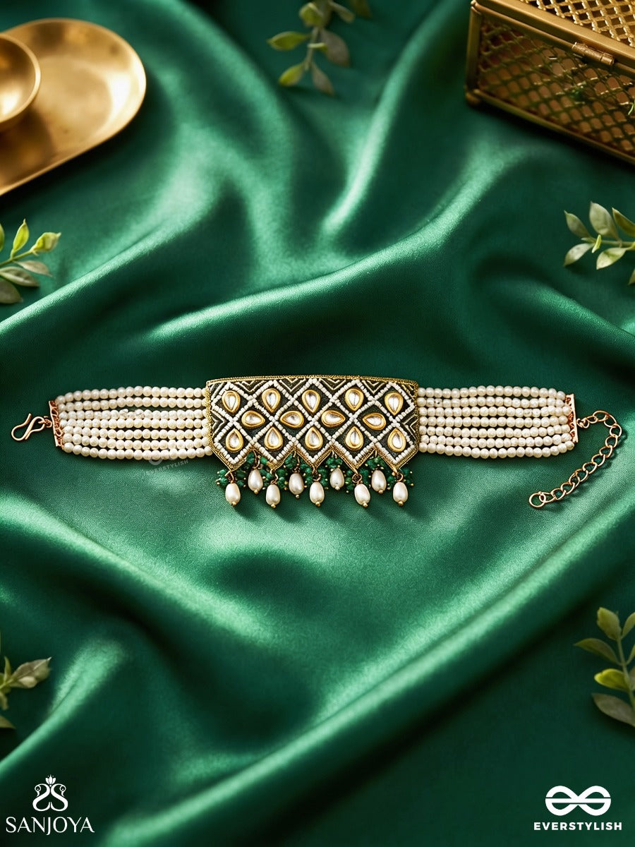 Ardrata- The Emerald Finesse- Beads, Pearl Drops, Polki And Kundan Finished Hand Embroidered Choker Neckpiece