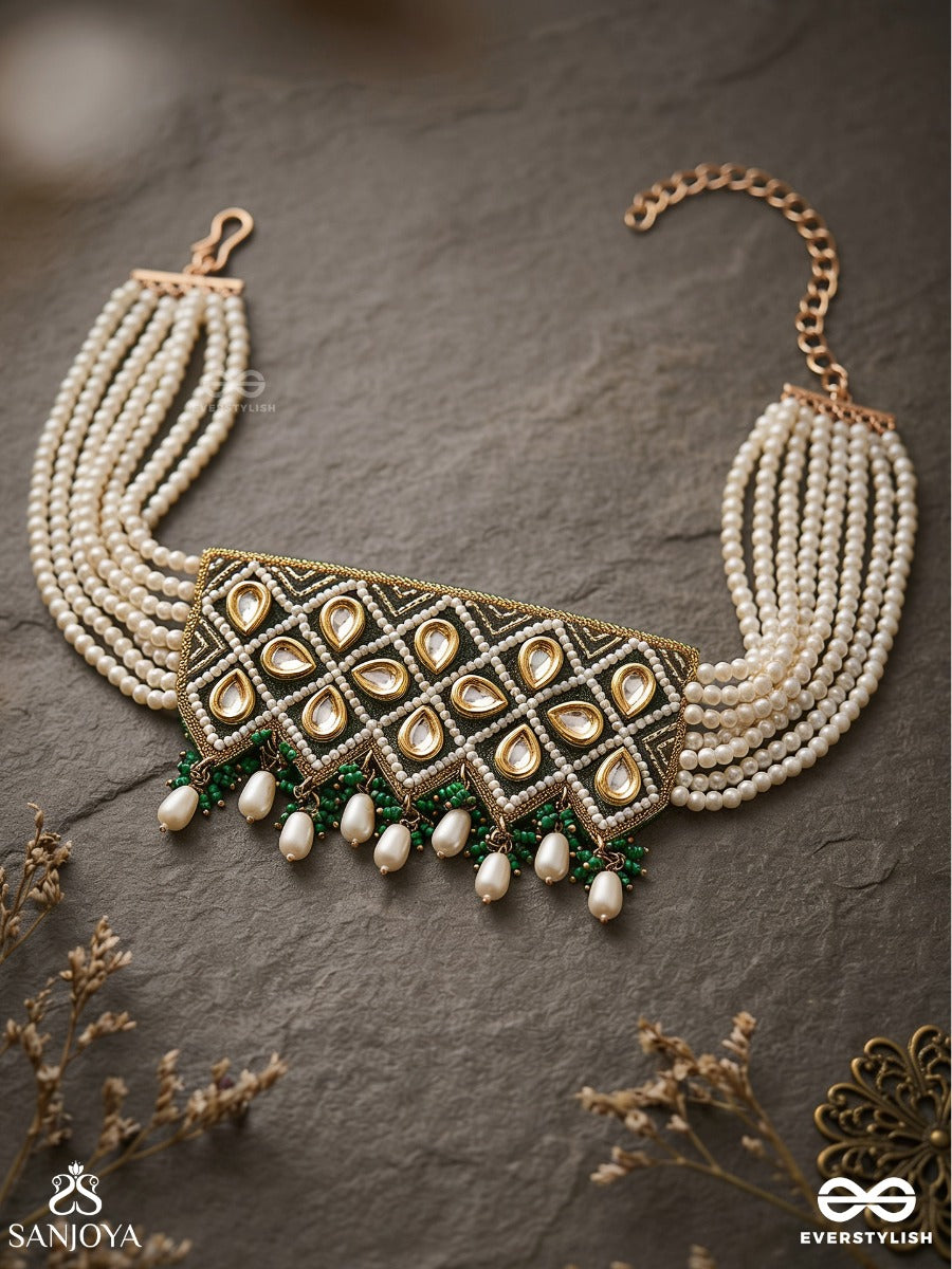 Ardrata- The Emerald Finesse- Beads, Pearl Drops, Polki And Kundan Finished Hand Embroidered Choker Neckpiece