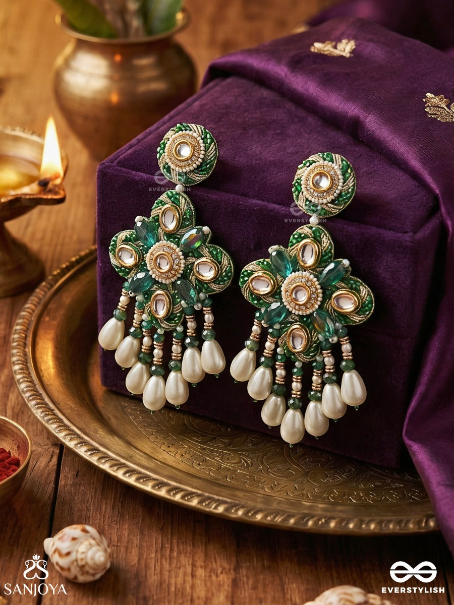 Anutva - The Royal Embrace - Pearls, Beads, Cutdana, Polki And Kundan Finished Hand Embroidered Earrings