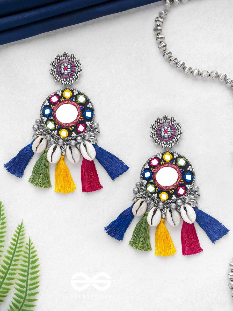 Manoharaakara - The Enchanting Shades - Mirror, Beads And Shell Embroidered And Oxidised Earrings