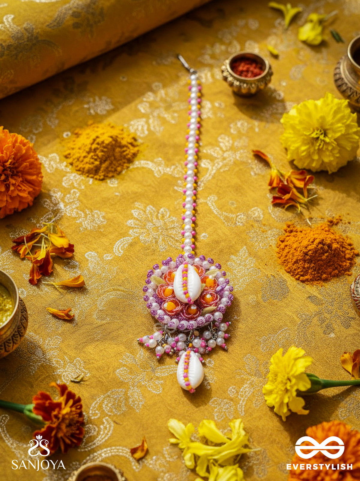 Kaakini - A Shell's Treasures - Shell And Beads Embroidered Maangtika