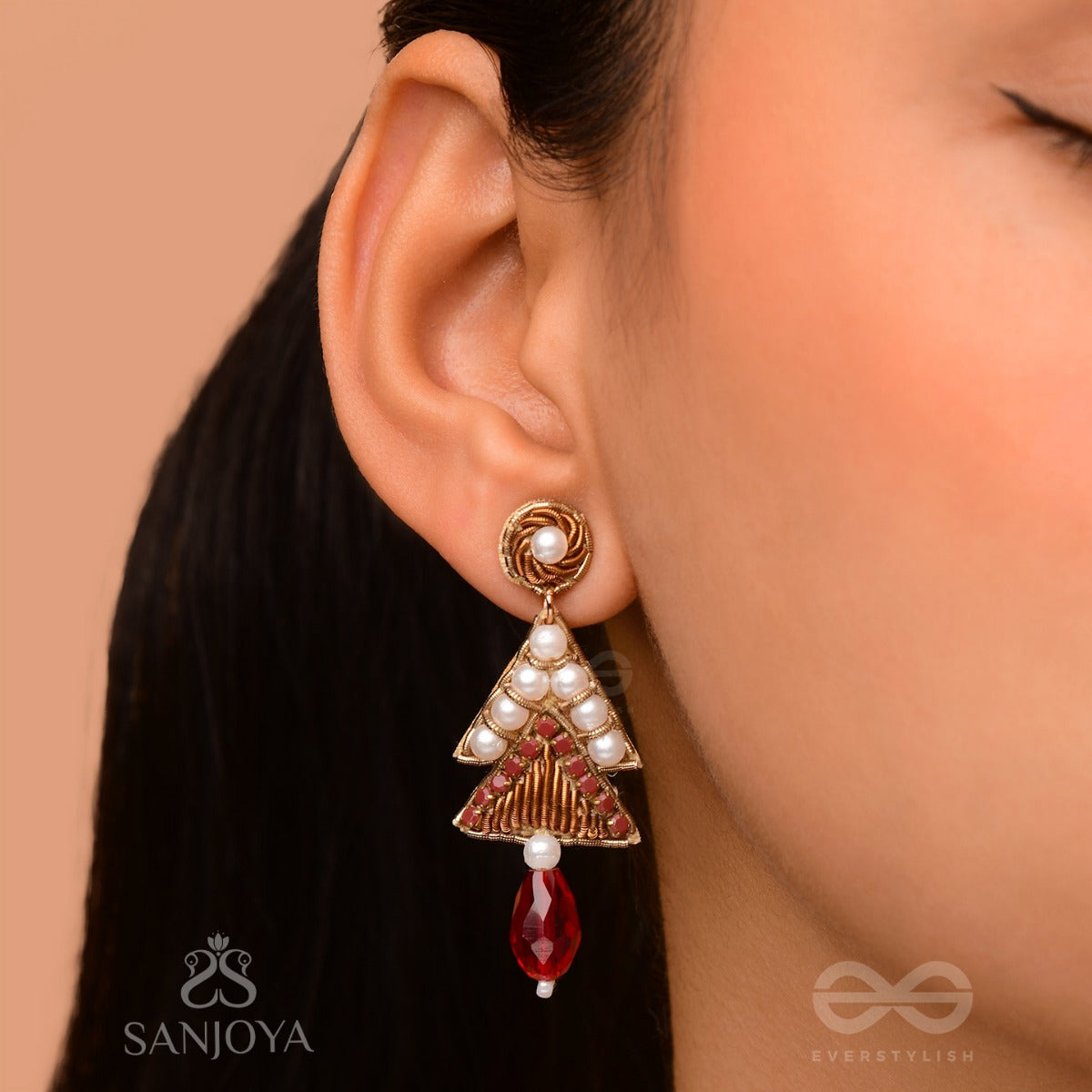 Ucchriti - The Majestic Triangles - Pearls, Dabka And Glass Drop Hand Embroidered Earrings