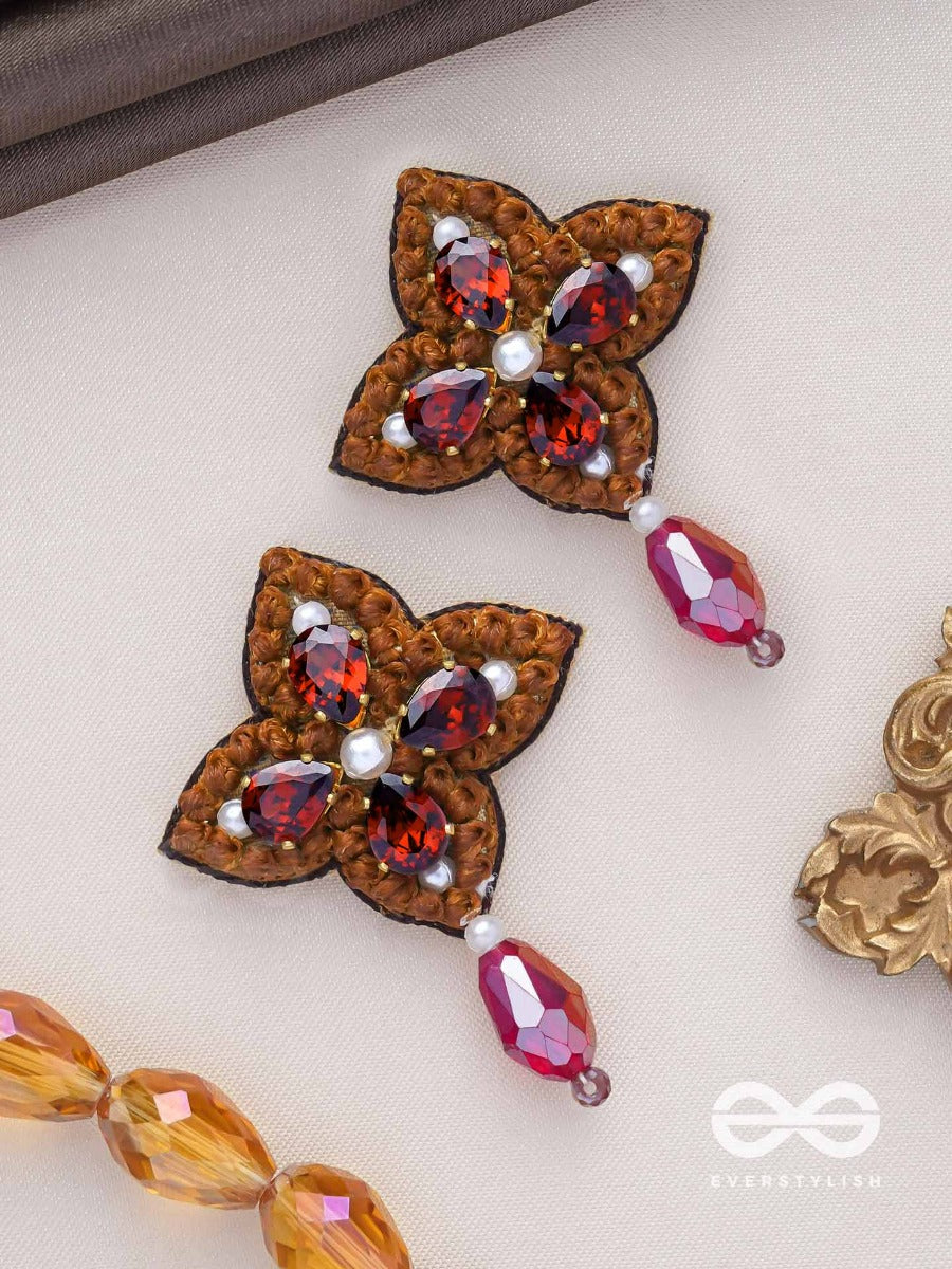 Kuvalaya - The Scarlet Bloom - Stone And Glass Drop Embroidered Earrings