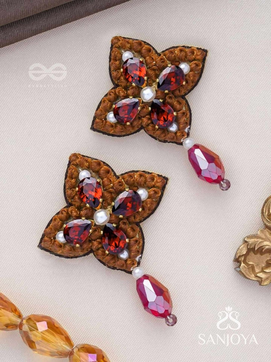 Kuvalaya - The Scarlet Bloom - Stone And Glass Drop Embroidered Earrings
