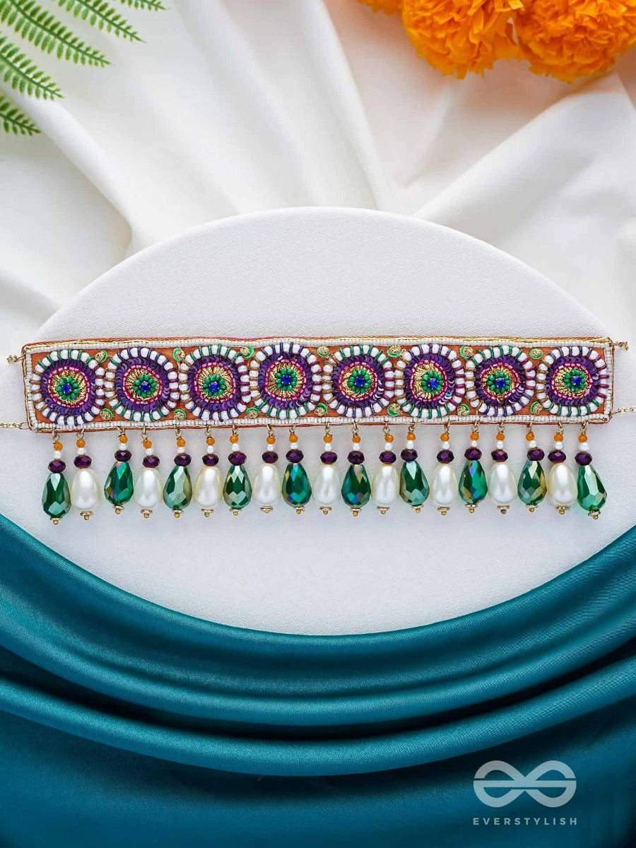 Audayika - The Prosperous One - Sequins, Beads And Glass Drops Embroidered Neckpiece