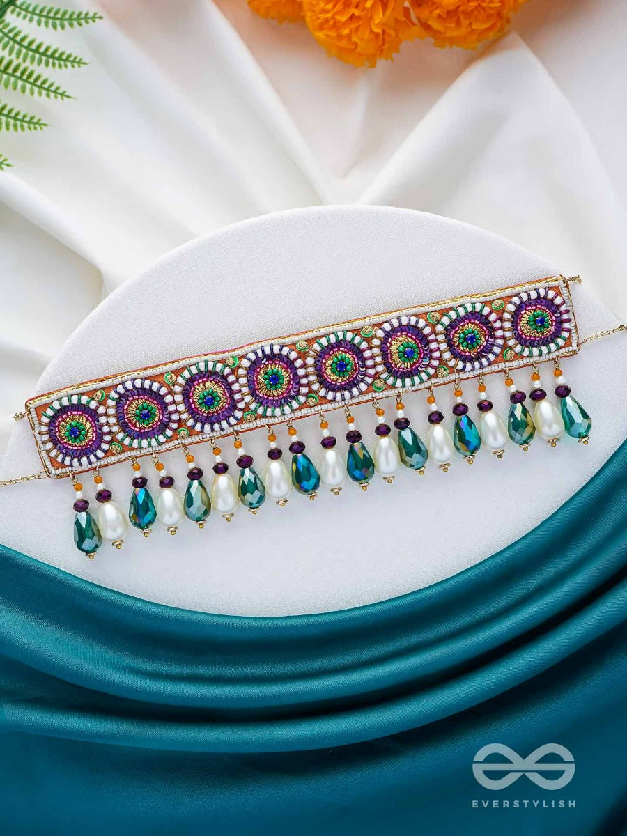 Audayika - The Prosperous One - Sequins, Beads And Glass Drops Embroidered Neckpiece