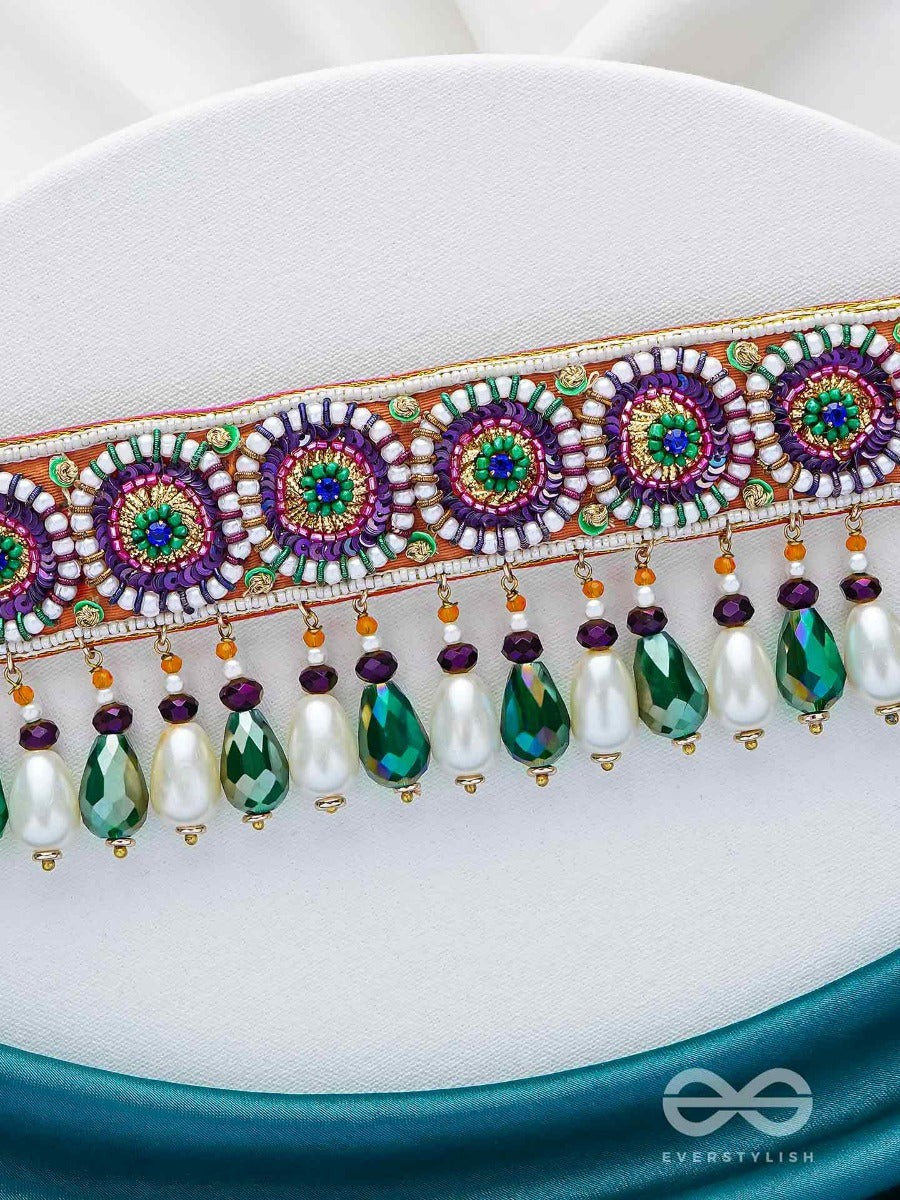 Audayika - The Prosperous One - Sequins, Beads And Glass Drops Embroidered Neckpiece