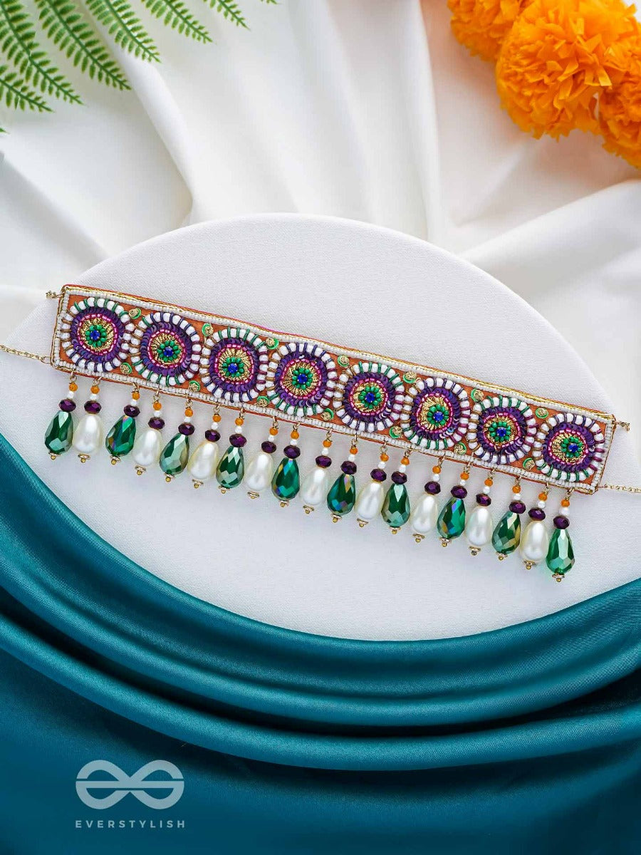 Audayika - The Prosperous One - Sequins, Beads And Glass Drops Embroidered Neckpiece