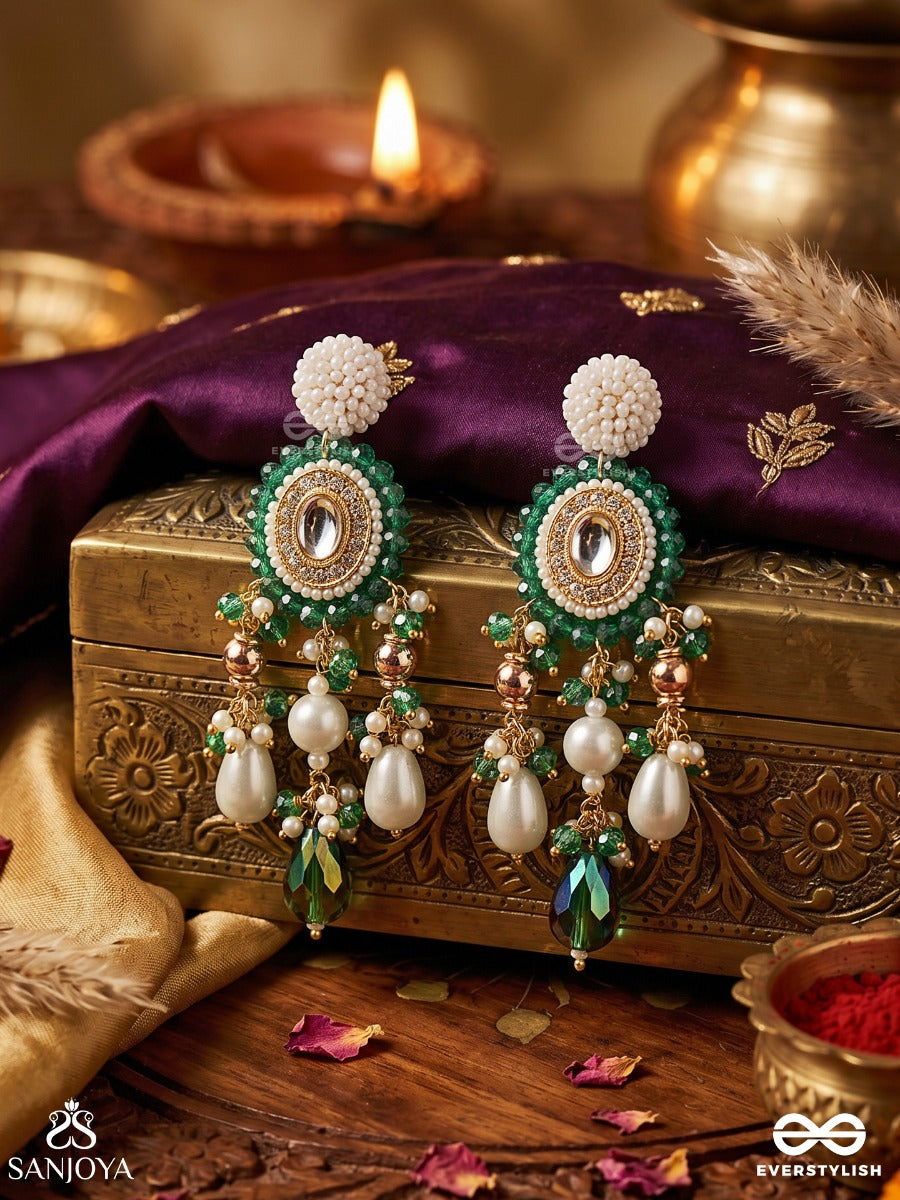 Agrevana - Forest Fables - Golden Embellished Polki And Kundan Finished Hand Embroidered Earrings