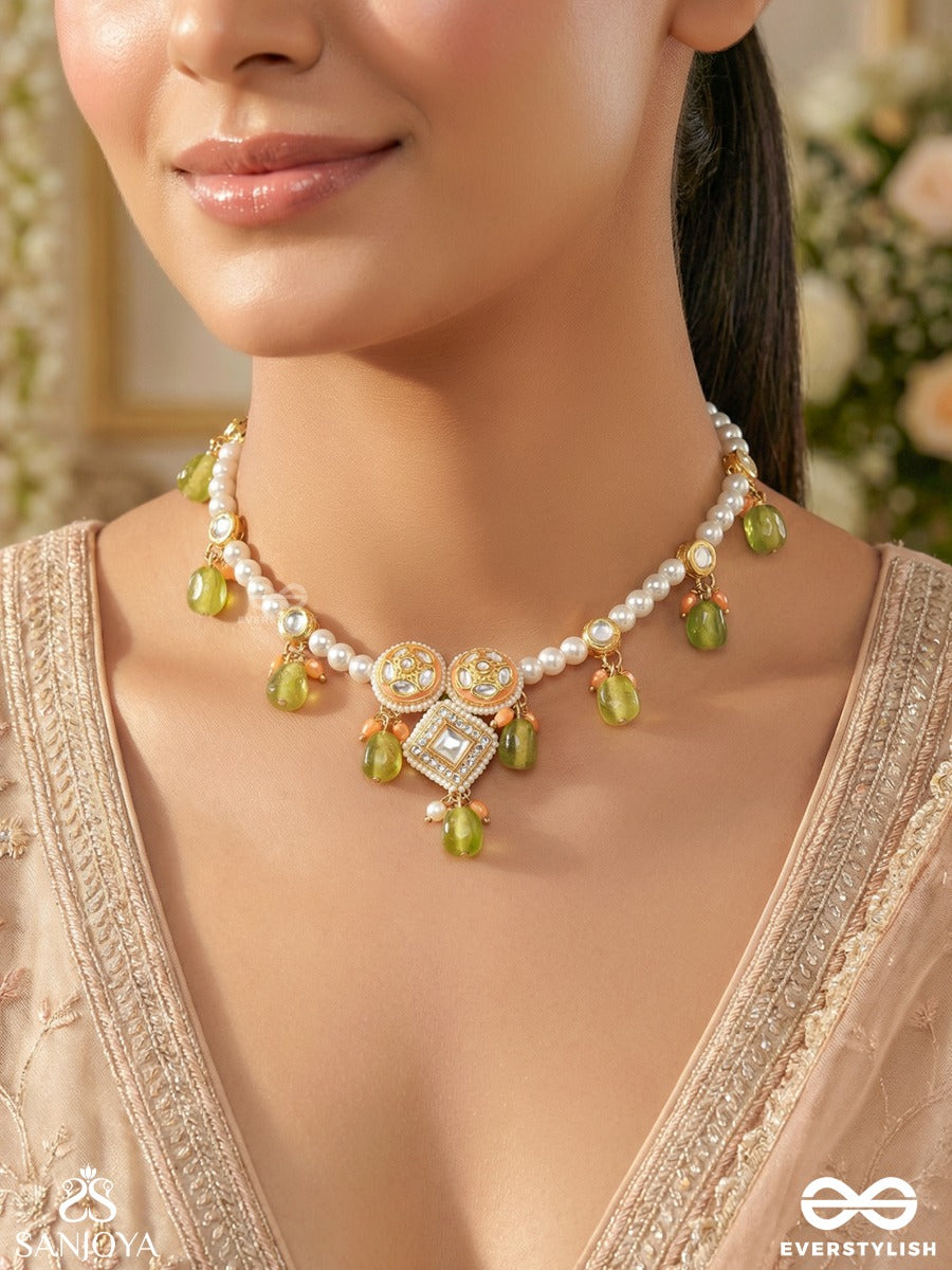 Anupta - Meadow Melody - Golden Embellished Polki And Kundan Finished Hand Embroidered Neckpiece