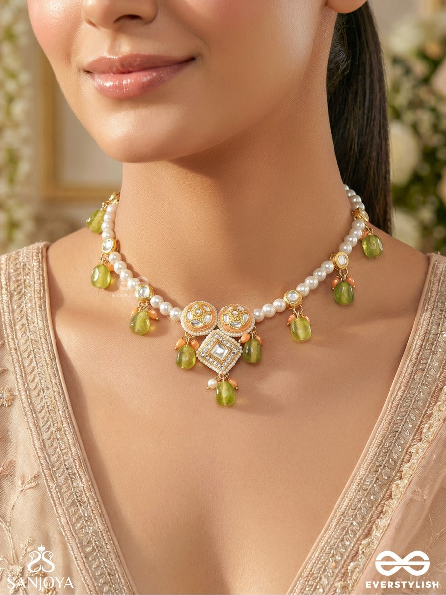 Anupta - Meadow Melody - Golden Embellished Polki And Kundan Finished Hand Embroidered Neckpiece