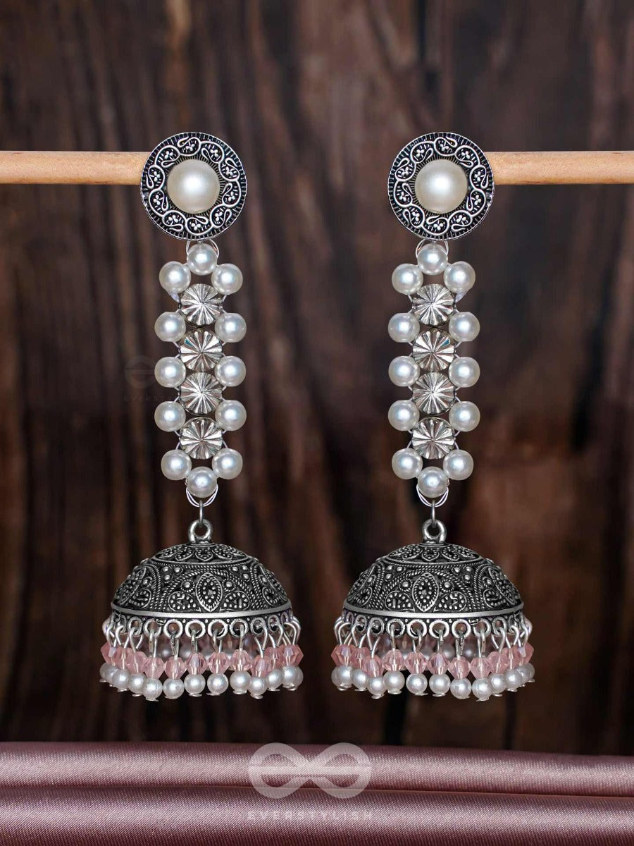 Twirling Pearl Dreamland - Oxidised Jhumka Earrings
