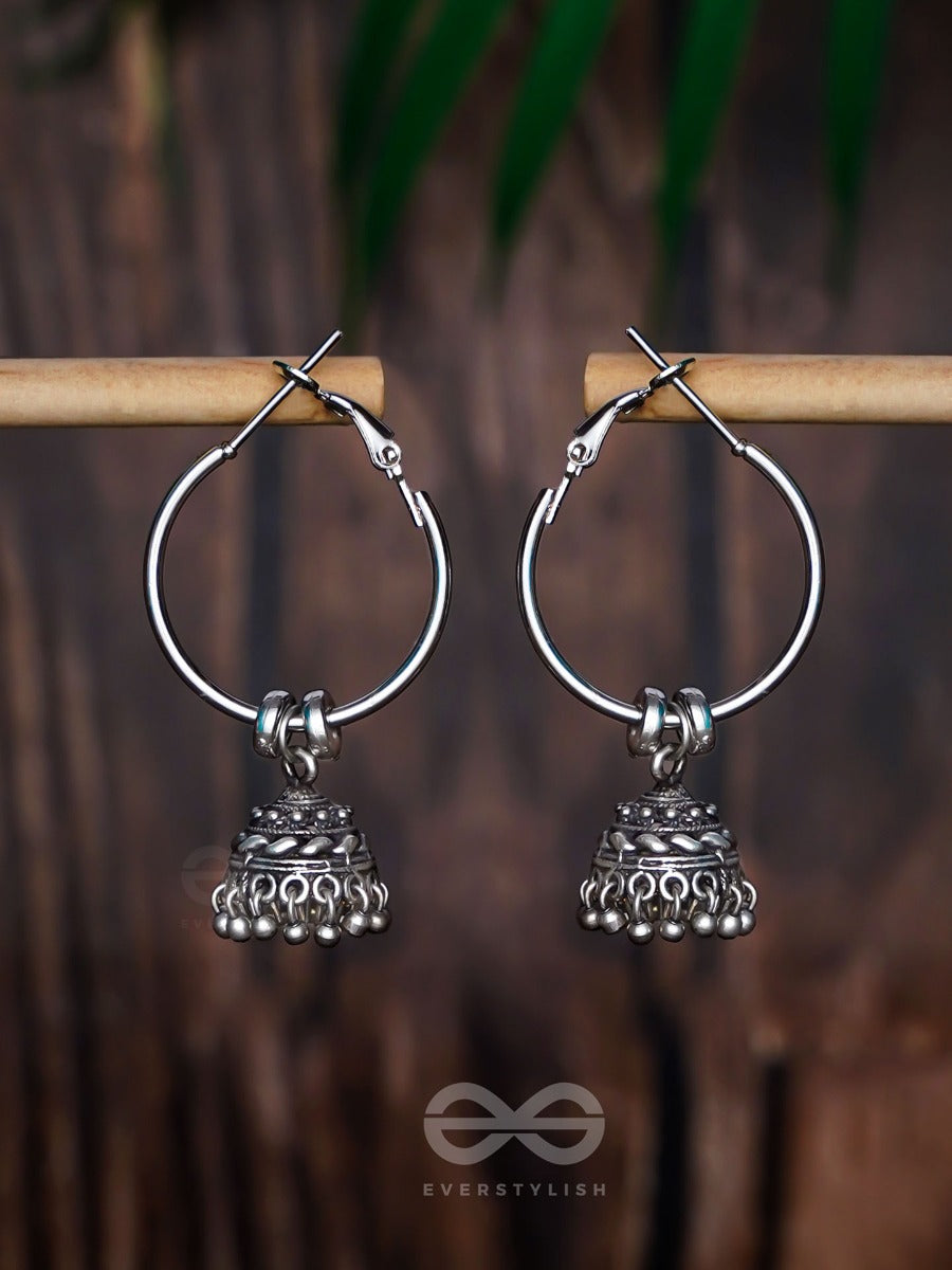 Moonlit Beams - Silver Oxidised Jhumka Earrings