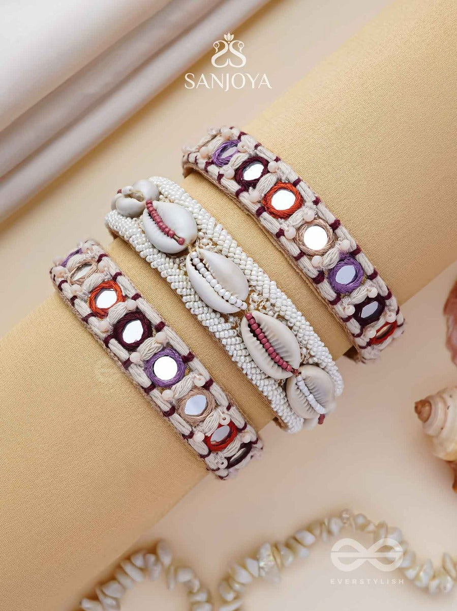 Bimbita- The Beach Reeflections - Mirror, Shells And Resham Embroidered Bangles (Set Of 3)