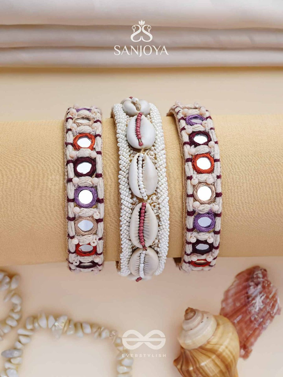 Bimbita- The Beach Reeflections - Mirror, Shells And Resham Embroidered Bangles (Set Of 3)