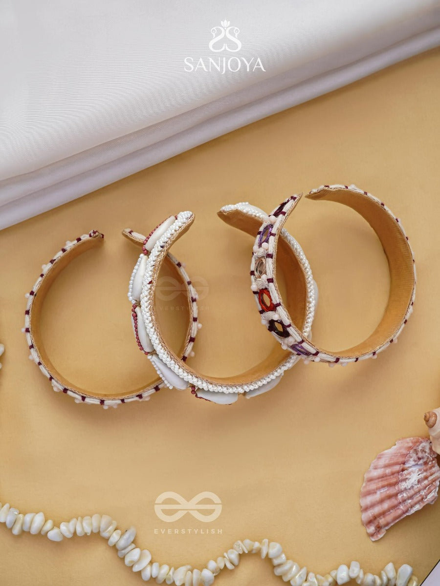 Bimbita- The Beach Reeflections - Mirror, Shells And Resham Embroidered Bangles (Set Of 3)