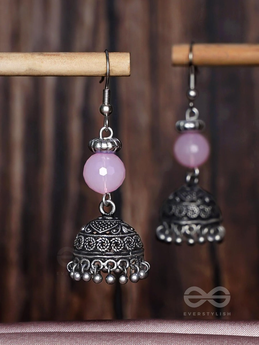 Pink Mist Elegance - Oxidised Drop Jhumka Earrings