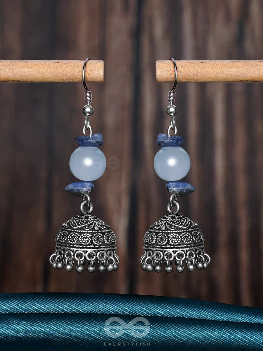 Antique Aqua Allure - Oxidised Drop Jhumka Earrings