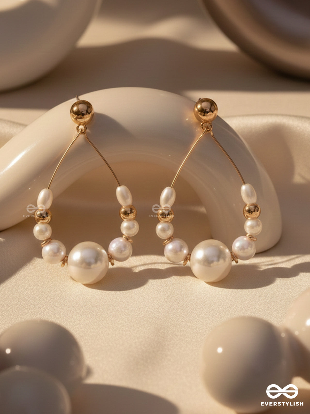 Radiant Pearl Teardrops - Golden Embellished Earrings