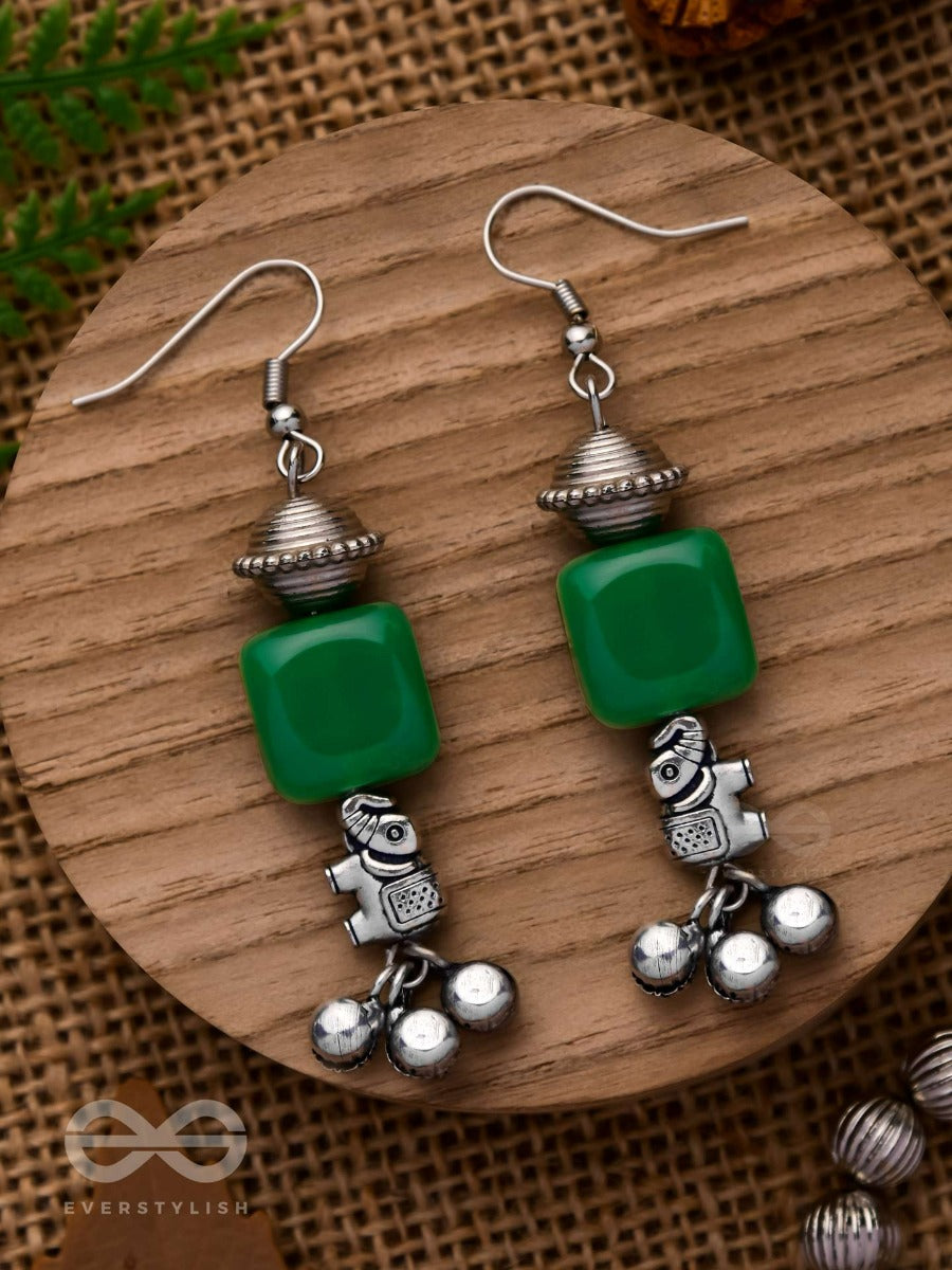 Melodic Emerald Trumpet - Embellished Oxidised Earrings
