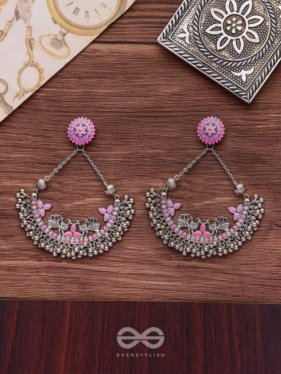 Mystical Peacocks In Lavender - Enamelled Oxidised Earrings