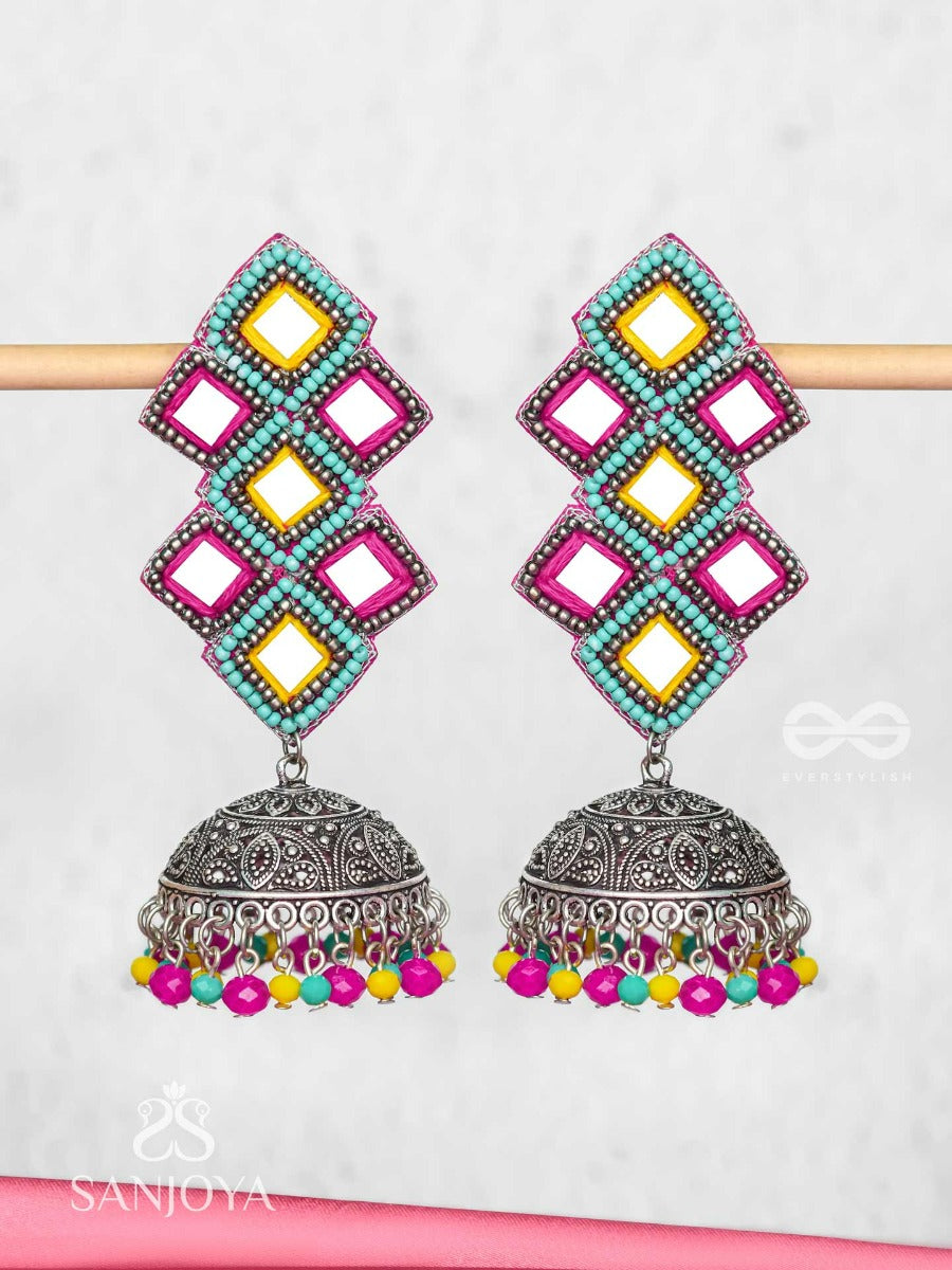Vasantak - The Vibrant Kites- Mirrors, Resham And Beads Hand Embroidered Oxidised Jhumka Earrings