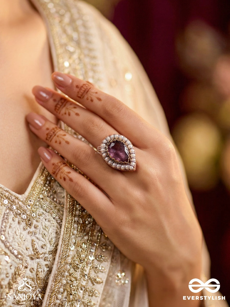 Vrashta - The Magestic Raindrop - Stone And Beads Embroidered Ring