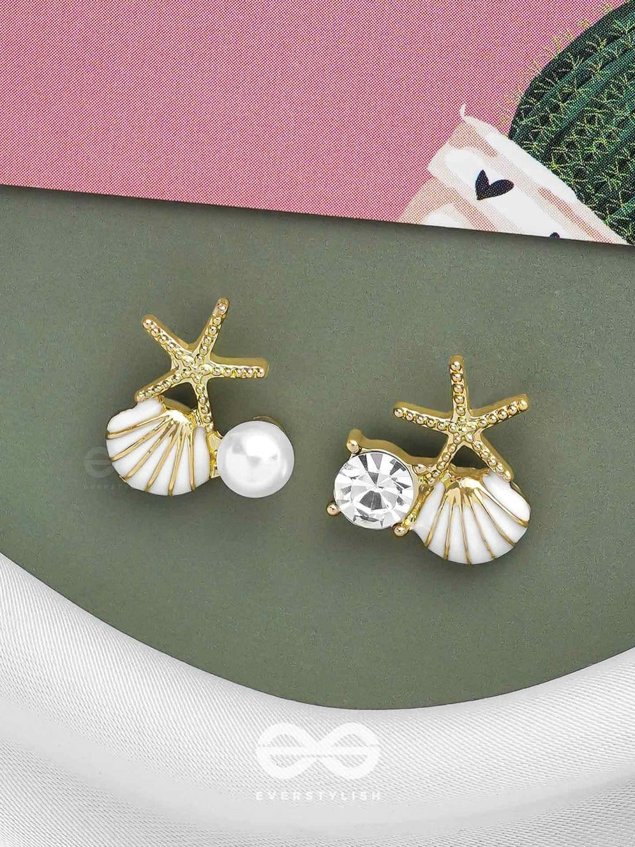 Starfish & Seashell Wishes - Golden And White Embellished Stud Earrings