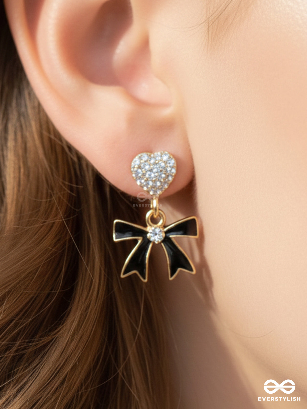Bow To The Night - Golden And Black Embellished Earrings