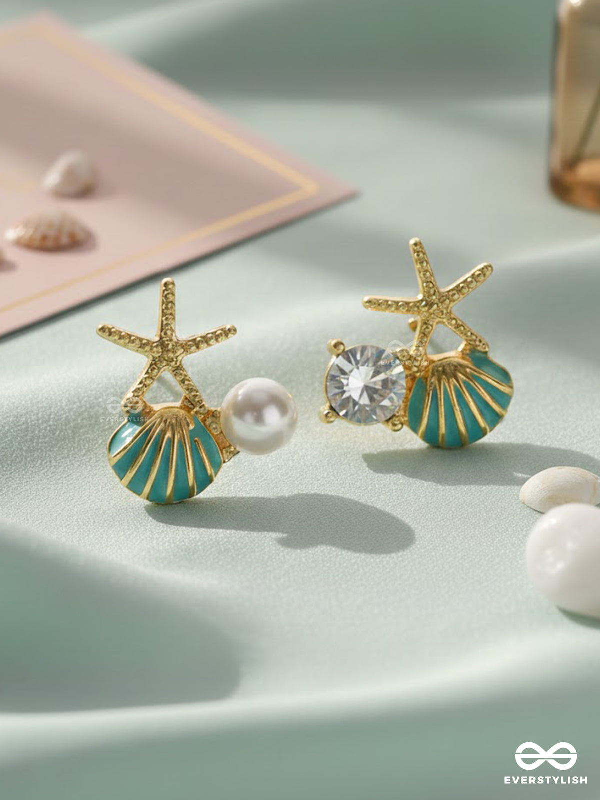 Starfish & Seashell Wishes - Golden And Blue Embellished Stud Earrings