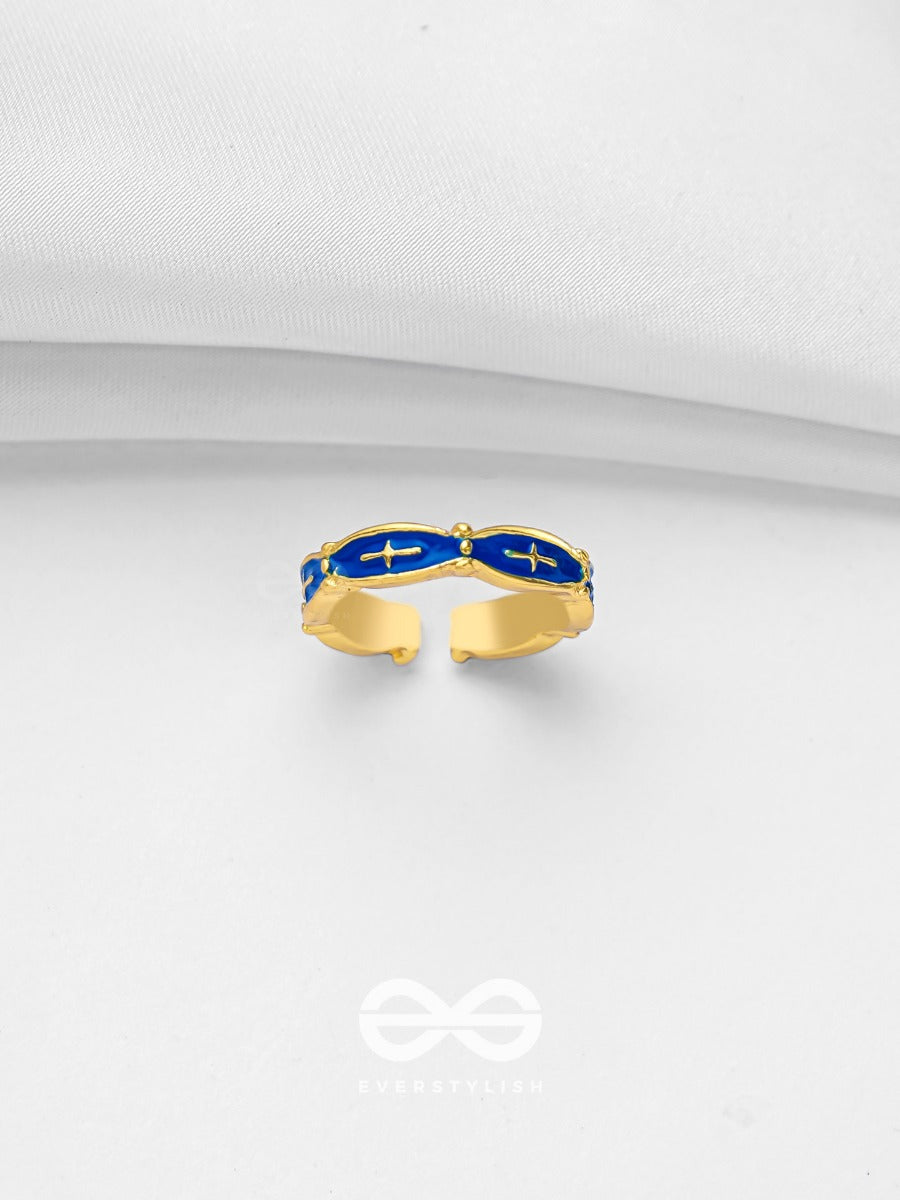Prussian Prowess - Golden And Blue Embellished Ring (Adjustable)