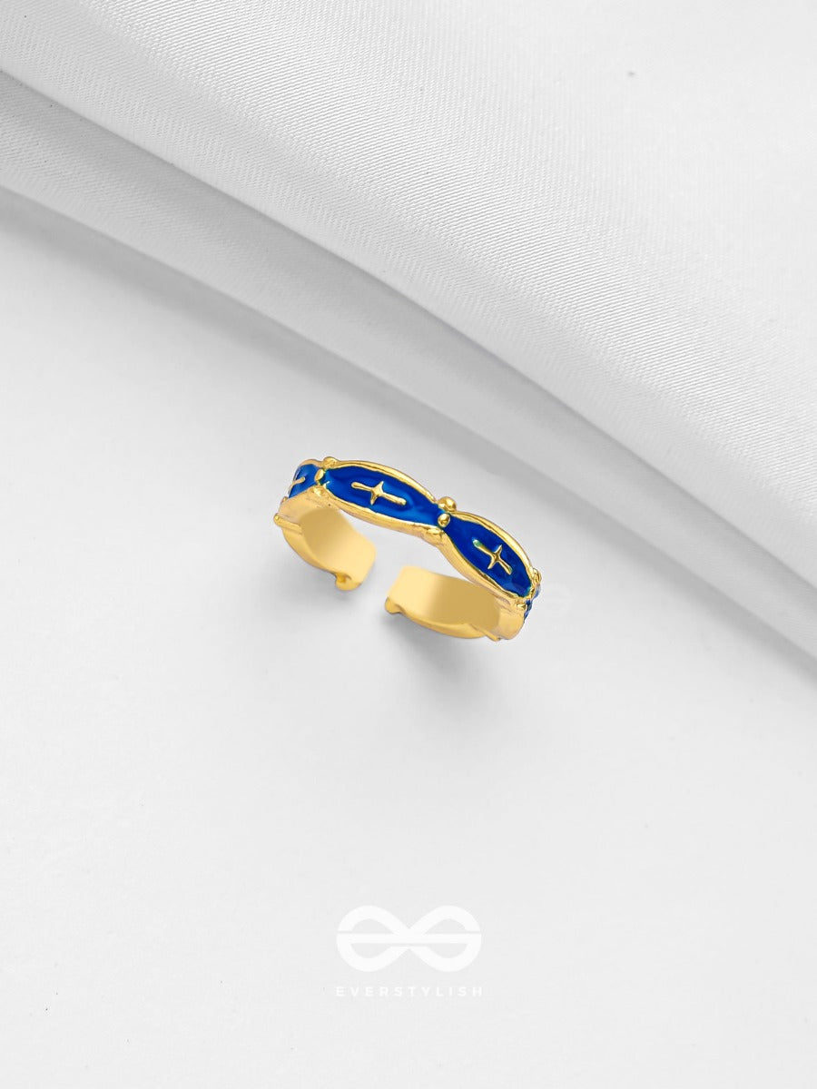 Prussian Prowess - Golden And Blue Embellished Ring (Adjustable)