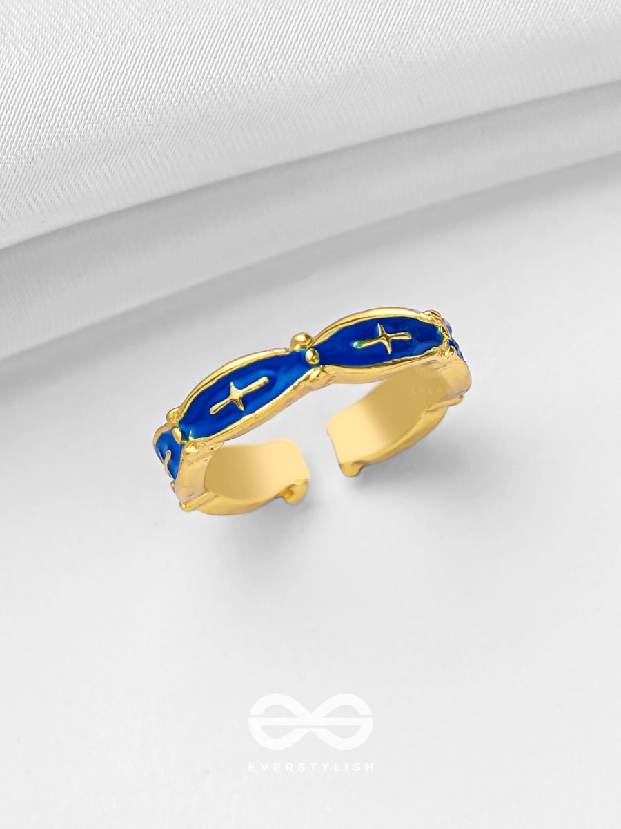 Prussian Prowess - Golden And Blue Embellished Ring (Adjustable)