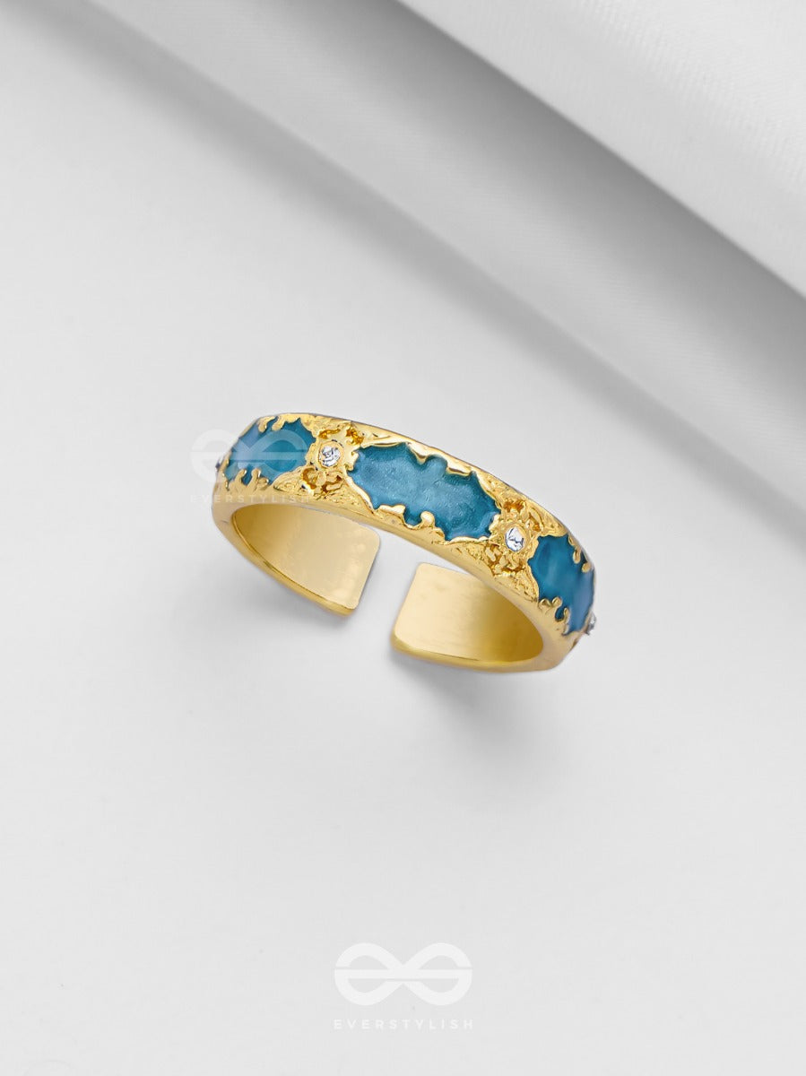 Chamber Of Secrets - Golden And Blue Embellished Ring (Adjustable)