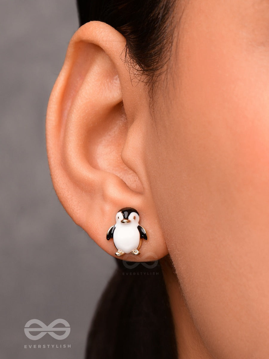 Hello! Mr. Penguin - Golden Embellished Stud Earrings