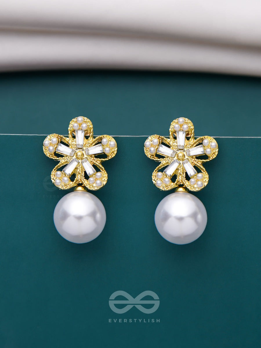 Pearl Petal Paradise - Golden And White Embellished Earrings