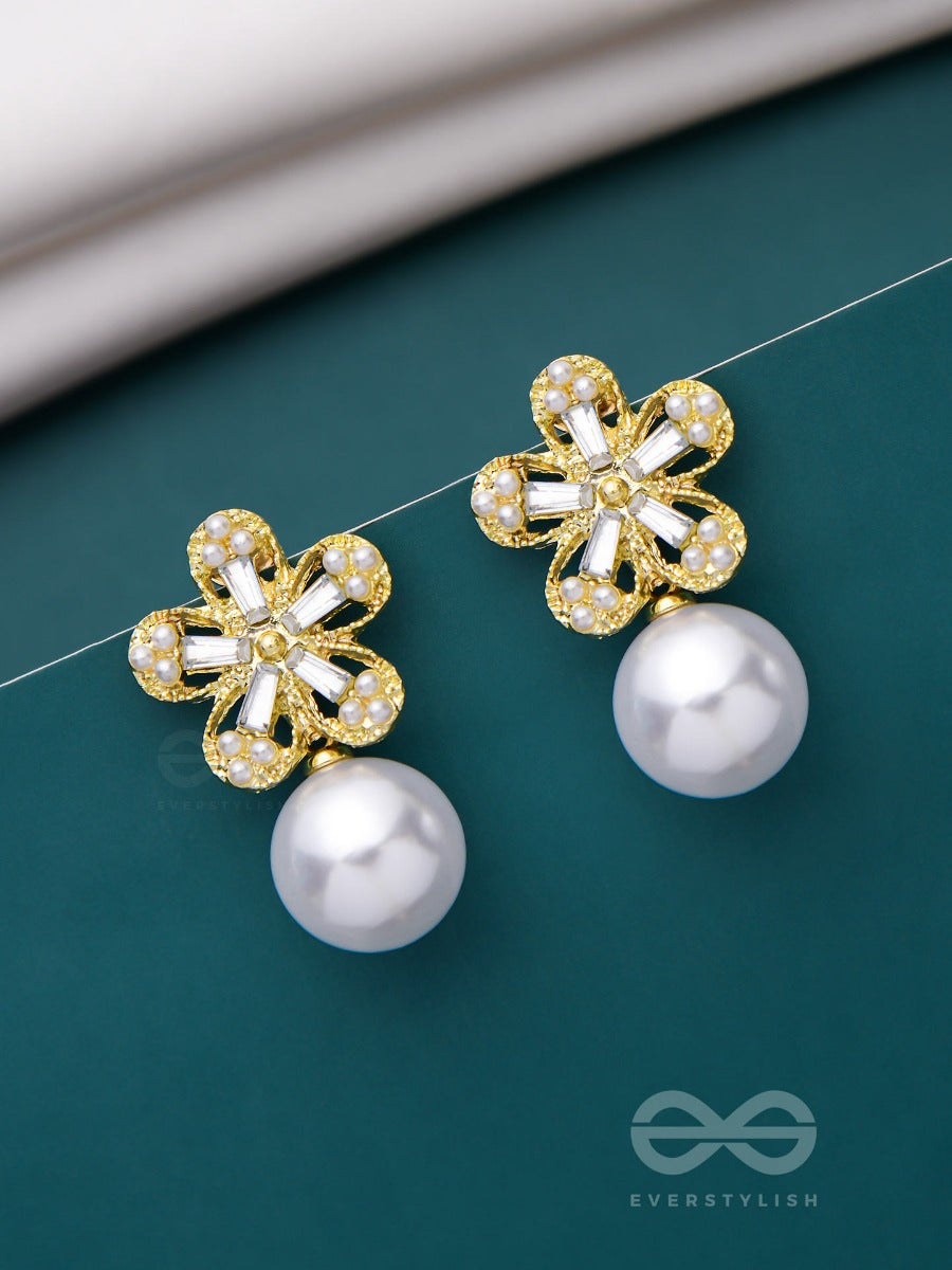 Pearl Petal Paradise - Golden And White Embellished Earrings