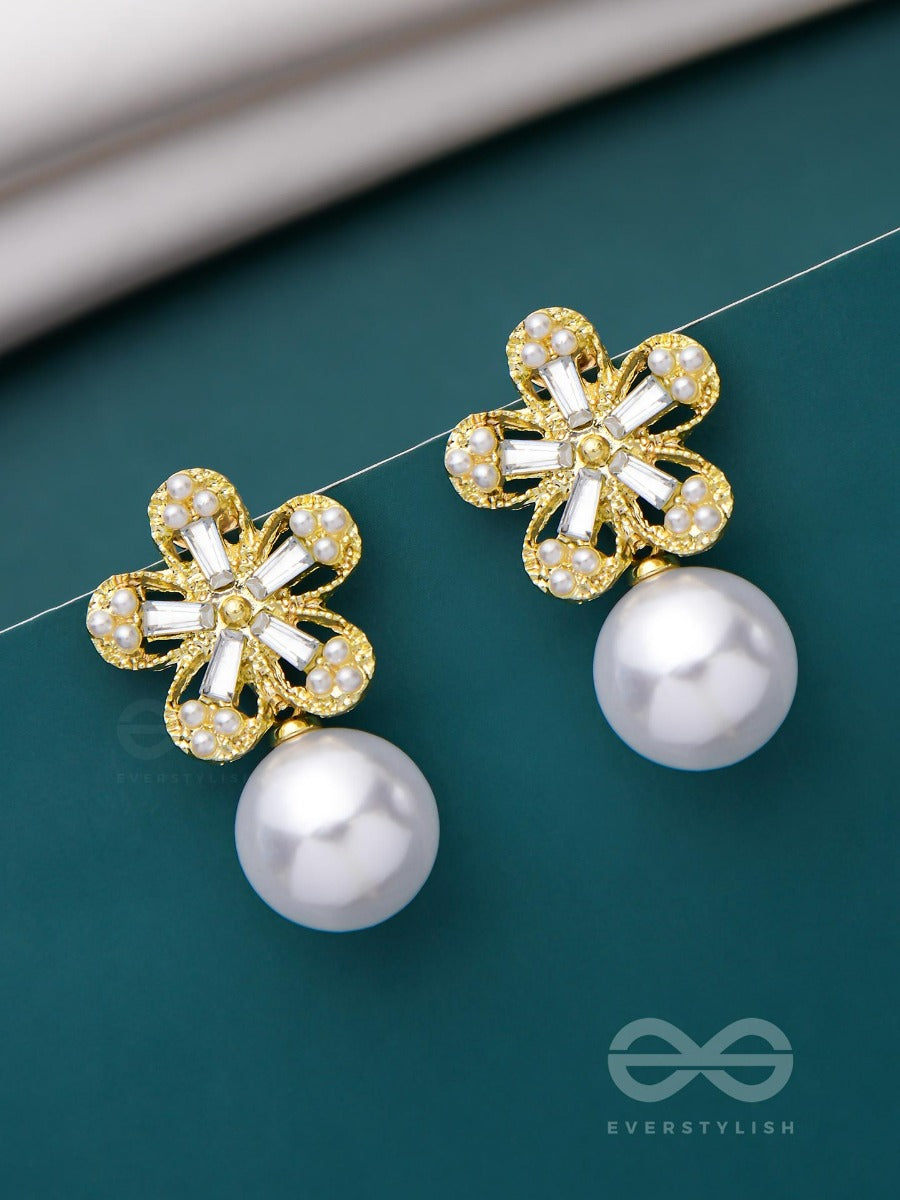 Pearl Petal Paradise - Golden And White Embellished Earrings
