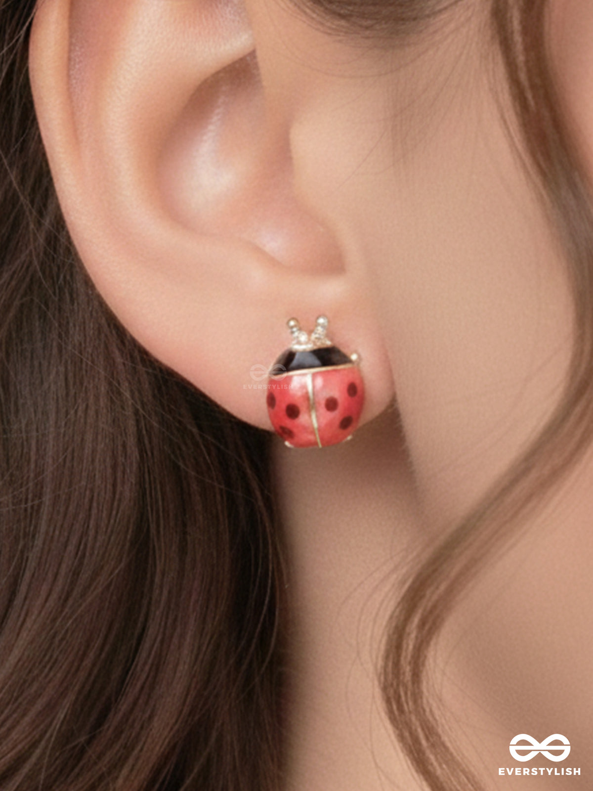Lovely Little Ladybug - Golden Embellished Stud Earrings