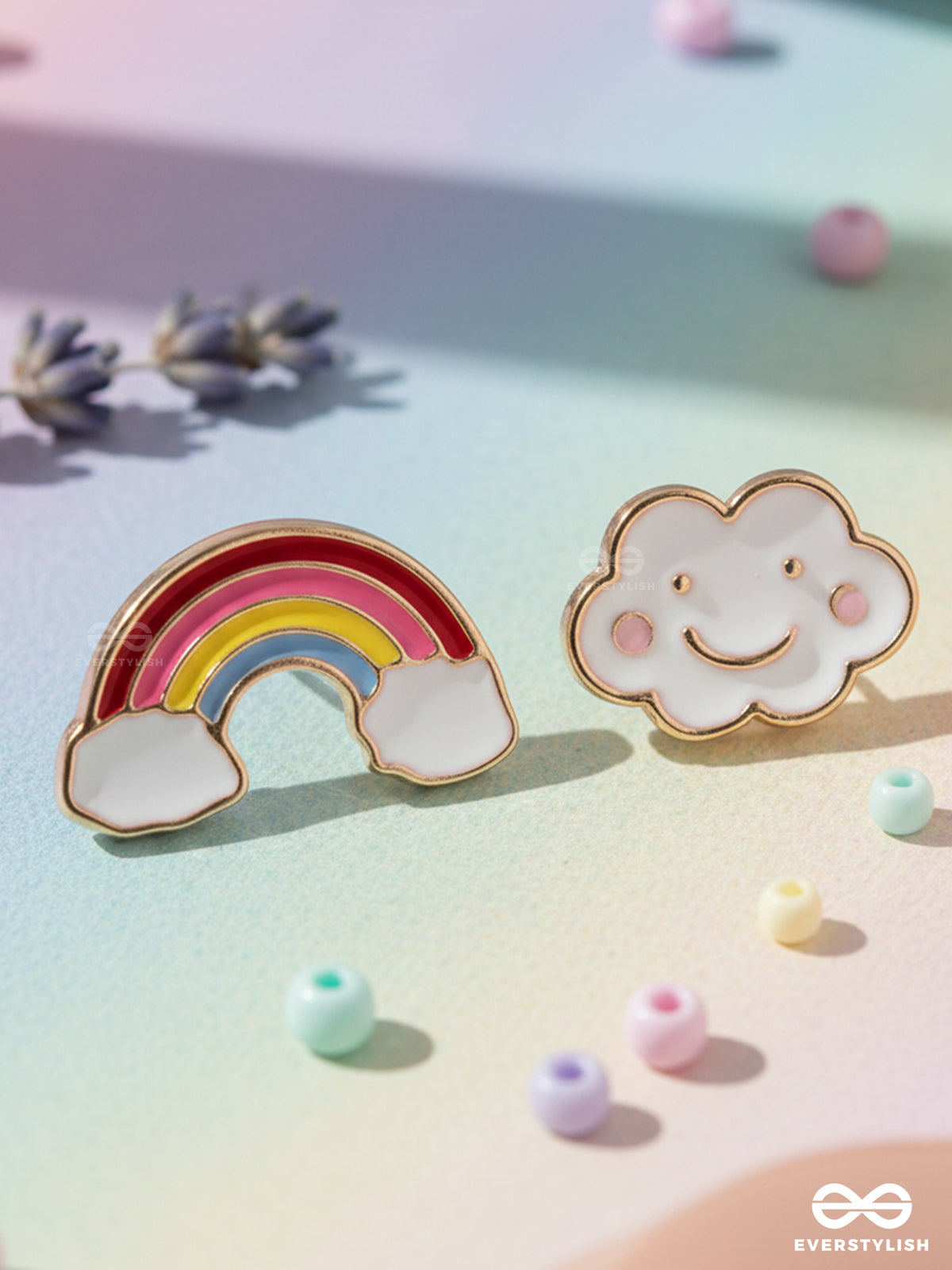 Fluffy Rainbow Dreams - Golden Embellished Stud Earrings