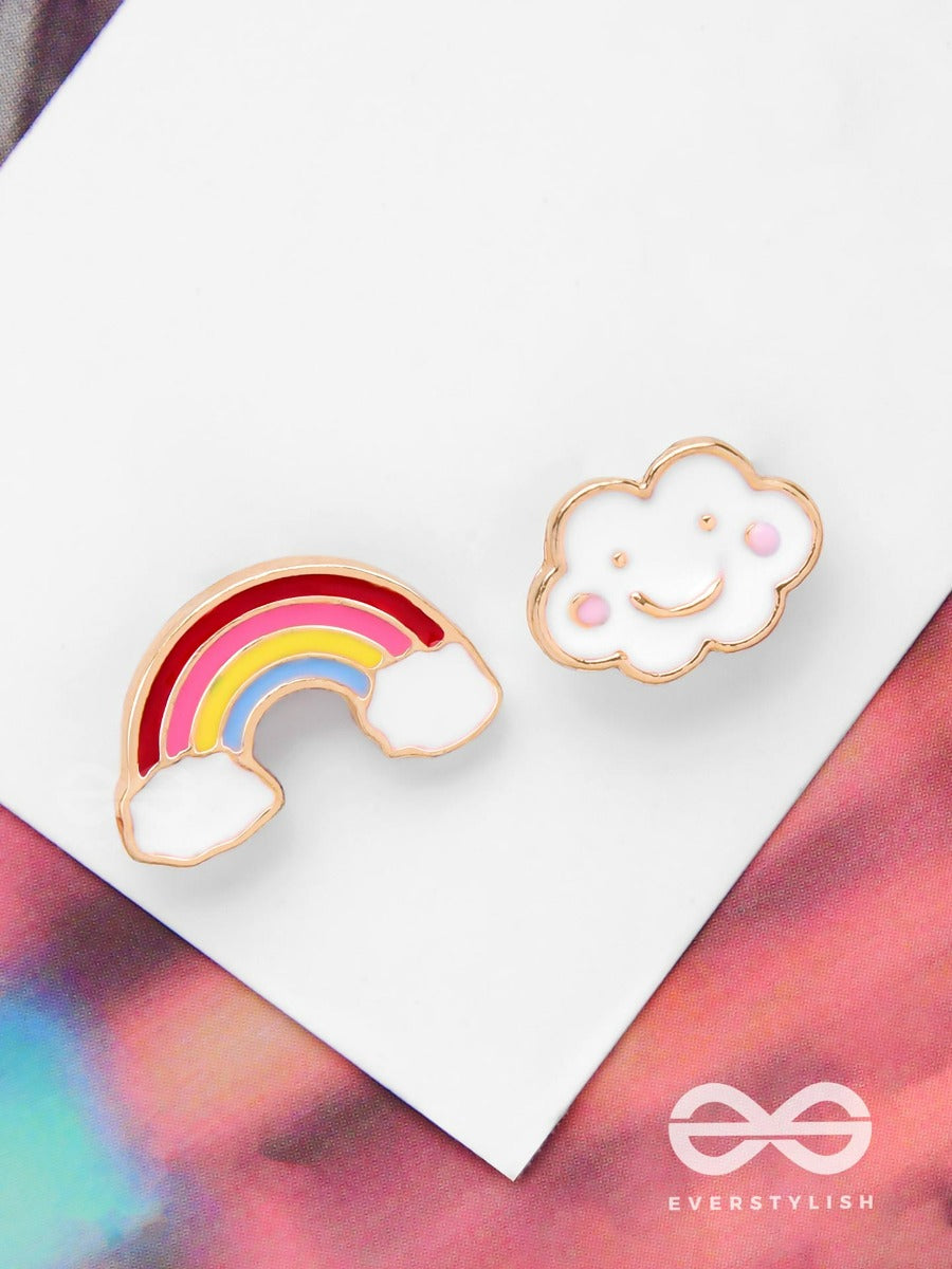 Fluffy Rainbow Dreams - Golden Embellished Stud Earrings