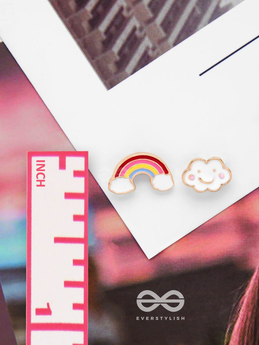 Fluffy Rainbow Dreams - Golden Embellished Stud Earrings