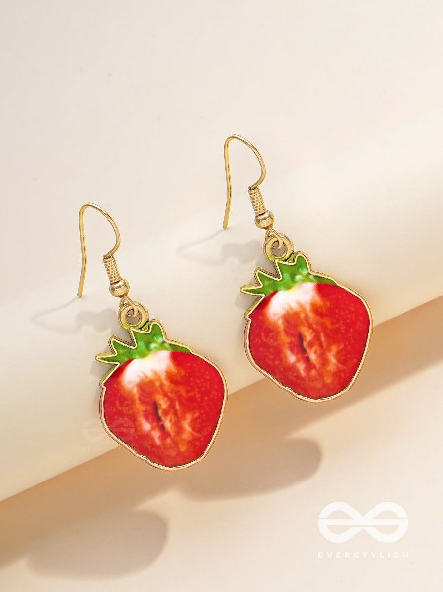 Sizzling Strawberry Slices - Golden Embellished Earrings